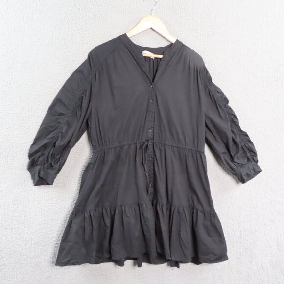 ASTR the Label Dress Large Black Ruched Long Sleeve Flounce Tiered V Neck Button - Picture 1 of 11